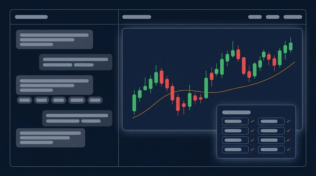 An AI trading workspace: assistant research on the left, price chart and a trade review card on the right
