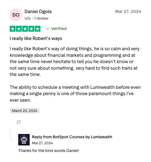 Verified Trustpilot review by Daniel Ogola, five stars