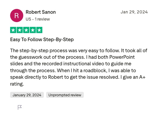 Trustpilot review by Robert Sanon, five stars