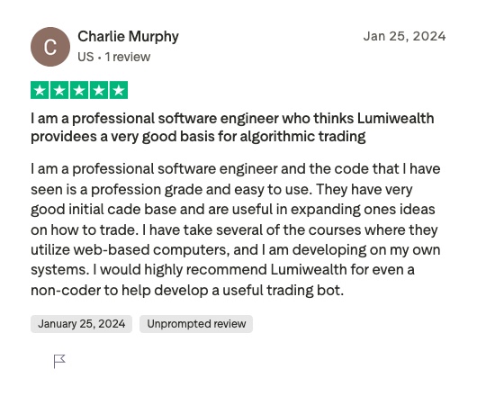 Trustpilot review by Charlie Murphy, five stars